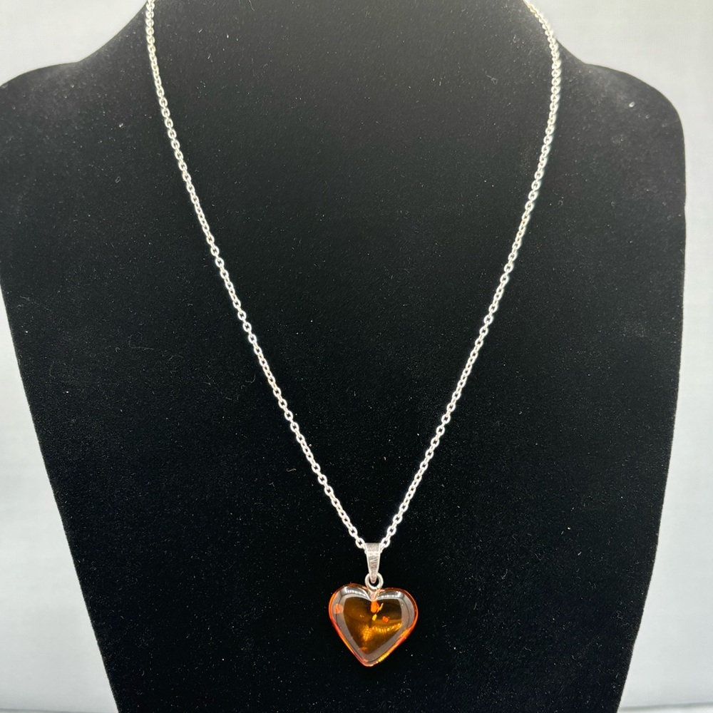 Silver Amber Heart Pendant Necklace